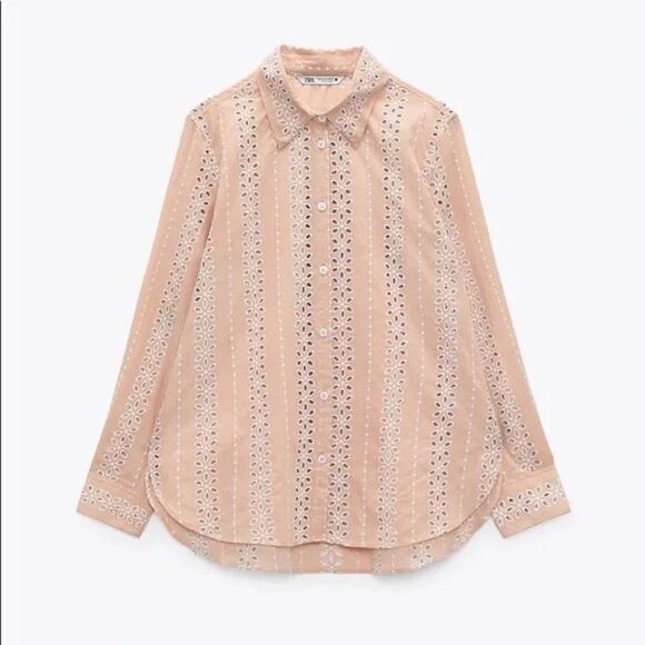 ZARA Openwork Cutwork Embroidered Shirt Pink New - Picture 4 of 5
